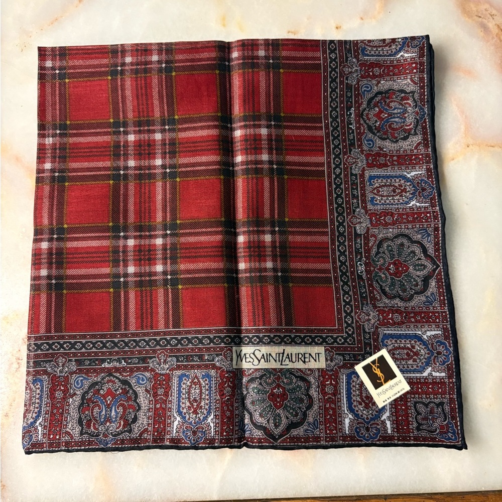 Yves Saint Laurent Red and Blue Plaid Handkerchief